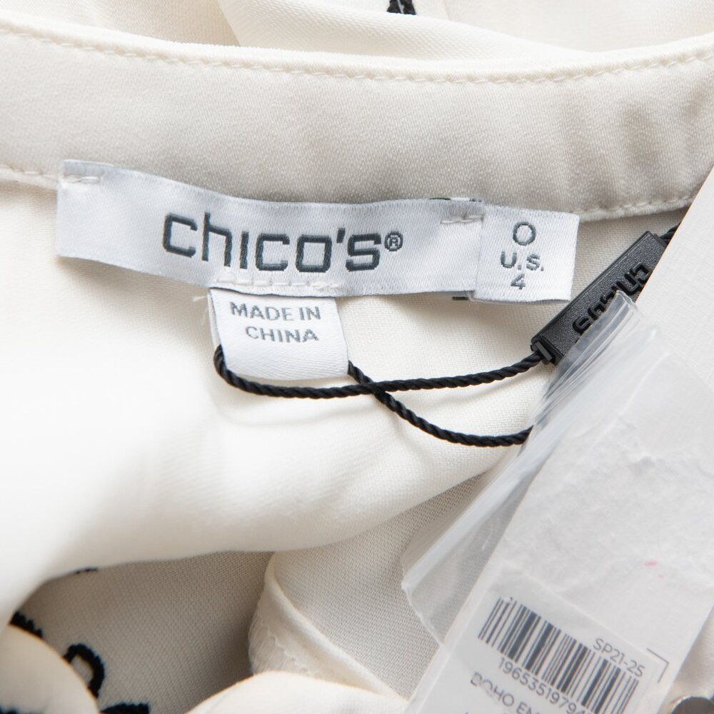 Chico's Satin Embroidered Blouse Bohemian Long Sleeve Off White Black Size 0 / 4 - Picture 4 of 6